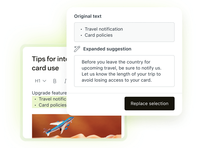 Zendesk Knowledge Copilot suggesting expanded content for an AI knowledge base article.