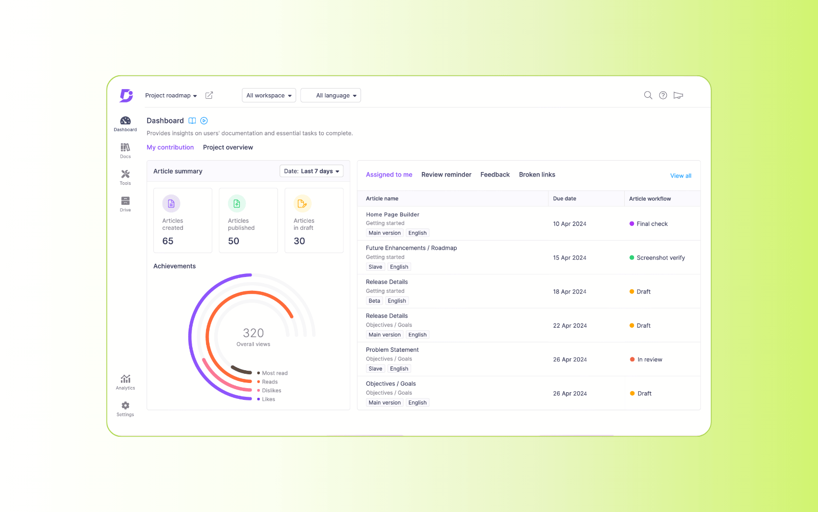 Screenshot of the Document360 AI knowledge management tool.