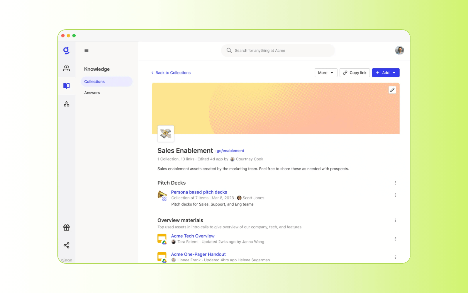 Screenshot of the Glean AI knowledge management tool.
