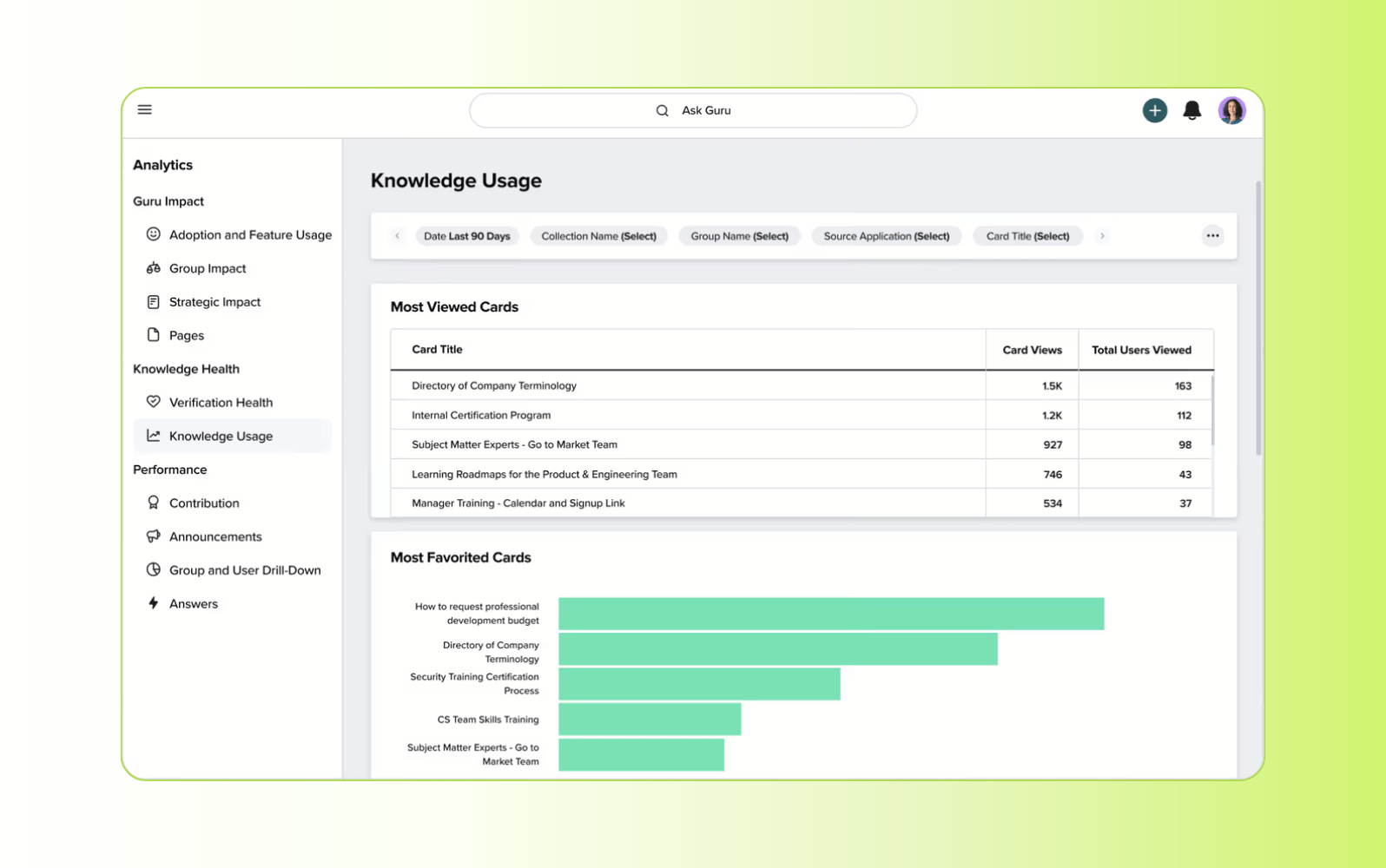Screenshot of the Guru AI knowledge management tool.