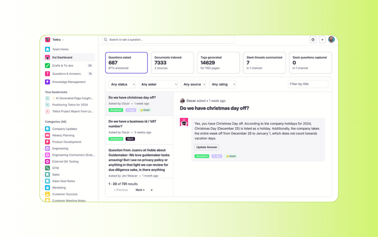 Screenshot of the Tettra AI knowledge management tool.