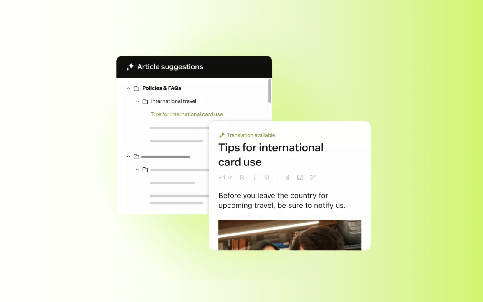 Screenshot of the Zendesk AI knowledge management tool.
