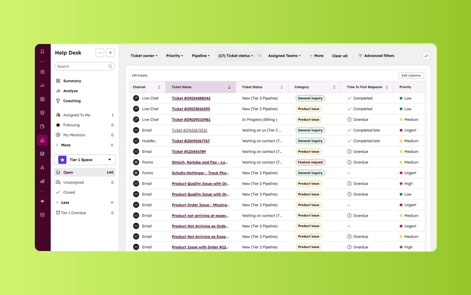 HubSpot customer service management software dashboard.