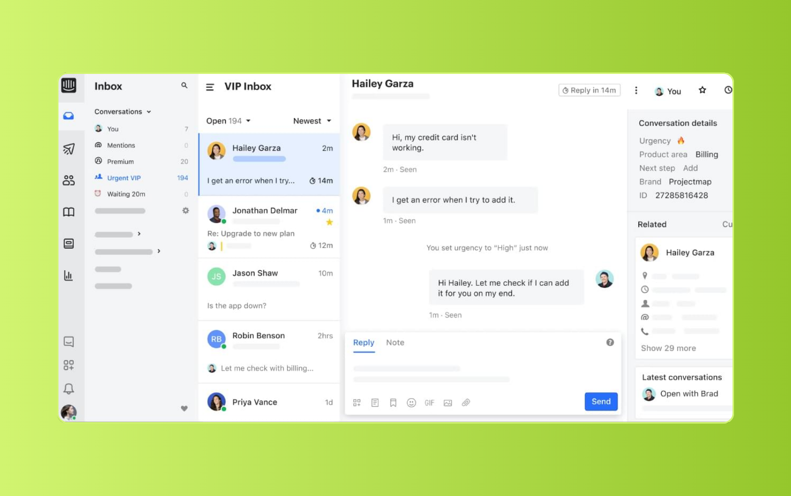 Intercom customer service management software dashboard.
