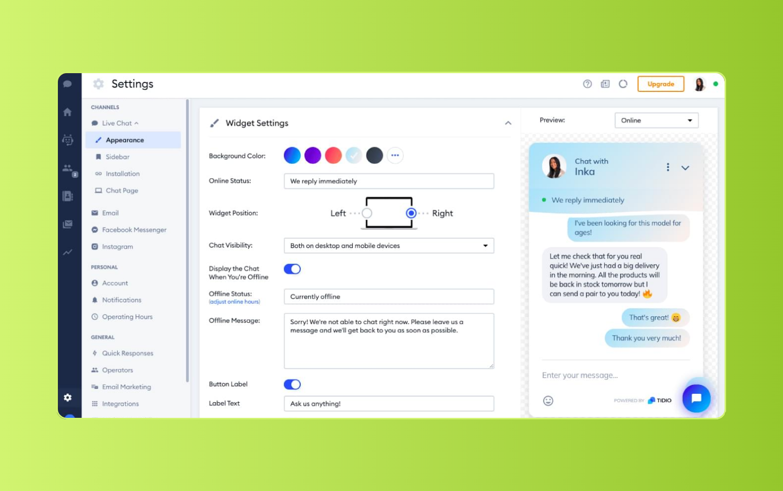 Tidio customer service management software dashboard.