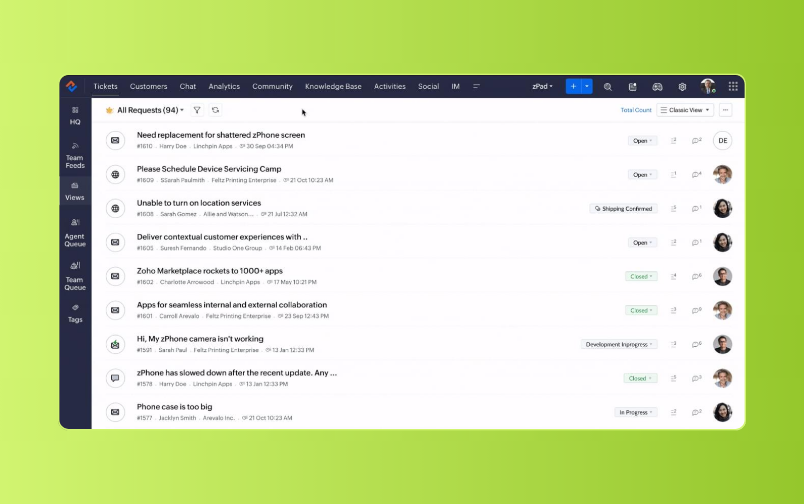 Zoho Desk customer service management software dashboard.