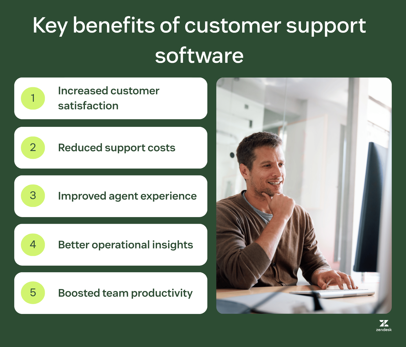 Benefits of customer service management software, including increased customer satisfaction, reduced costs, improved agent experience, better insights, and boosted productivity.