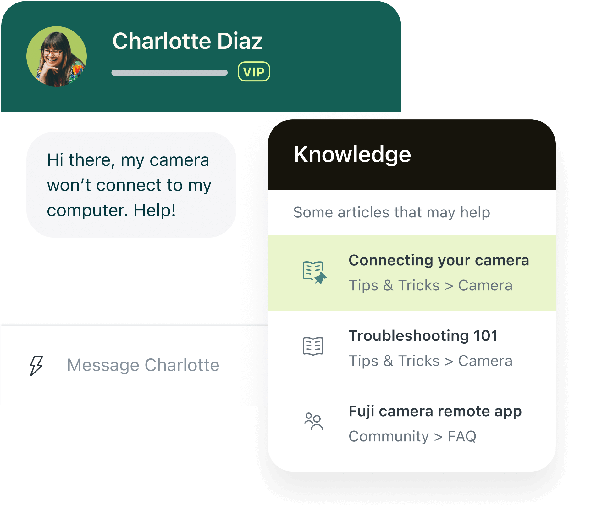 Screenshot of Zendesk knowledge base interaction.