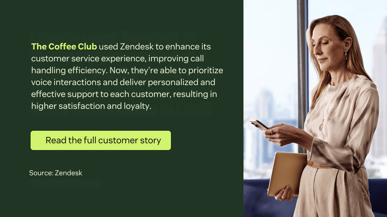 Woman holding a phone and tablet next to text about The Coffee Club’s Zendesk customer success story.