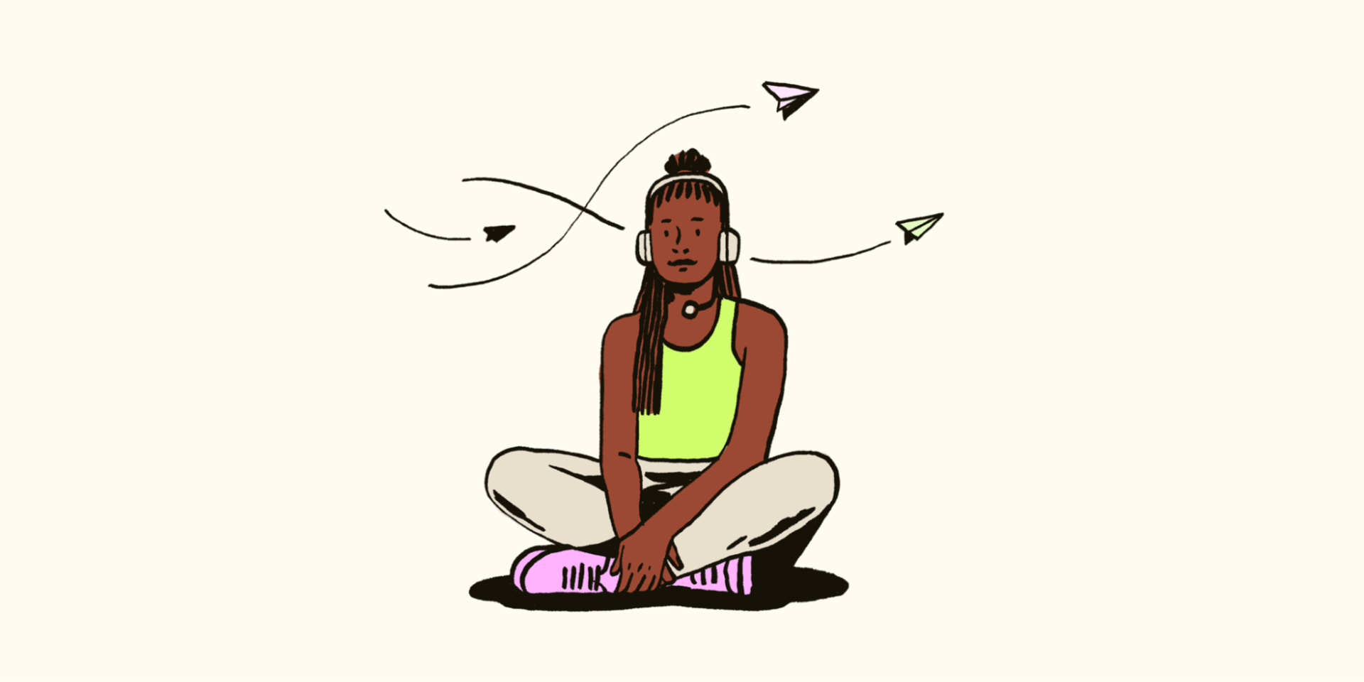 Illustration of a woman wearing a headset and sitting on the ground