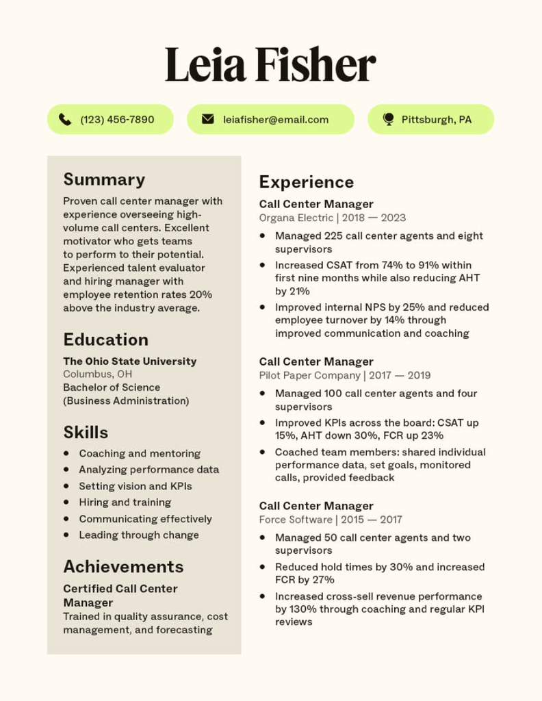 Call center manager resume template