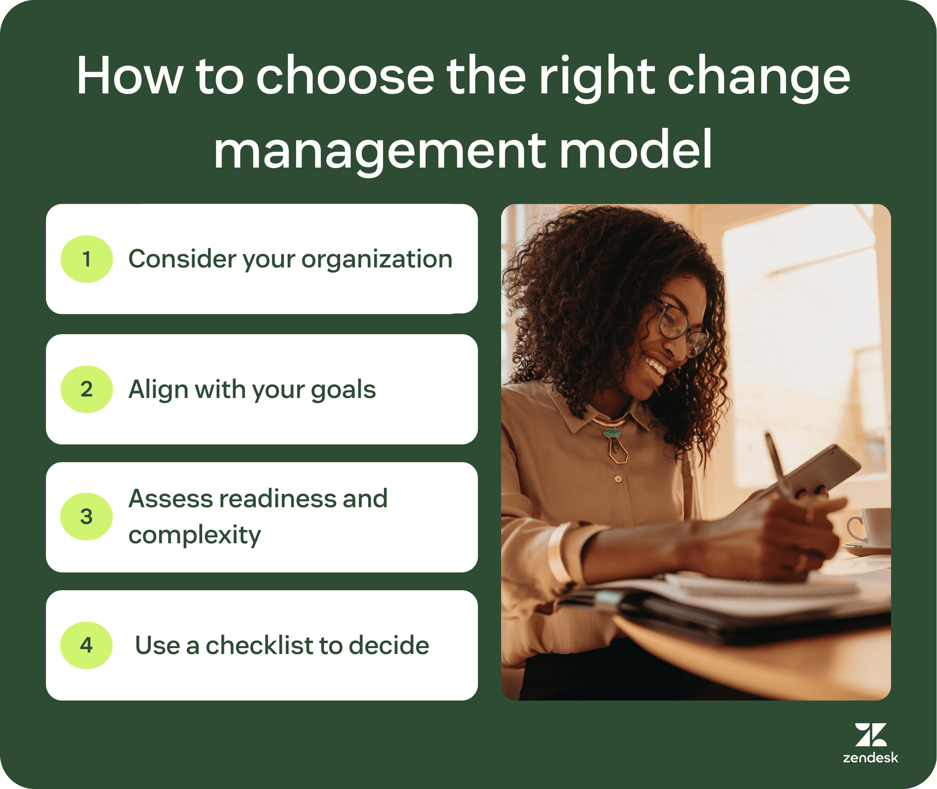 How to choose the right change management model infographic with steps to choose, align goals, assess readiness, and use a checklist.