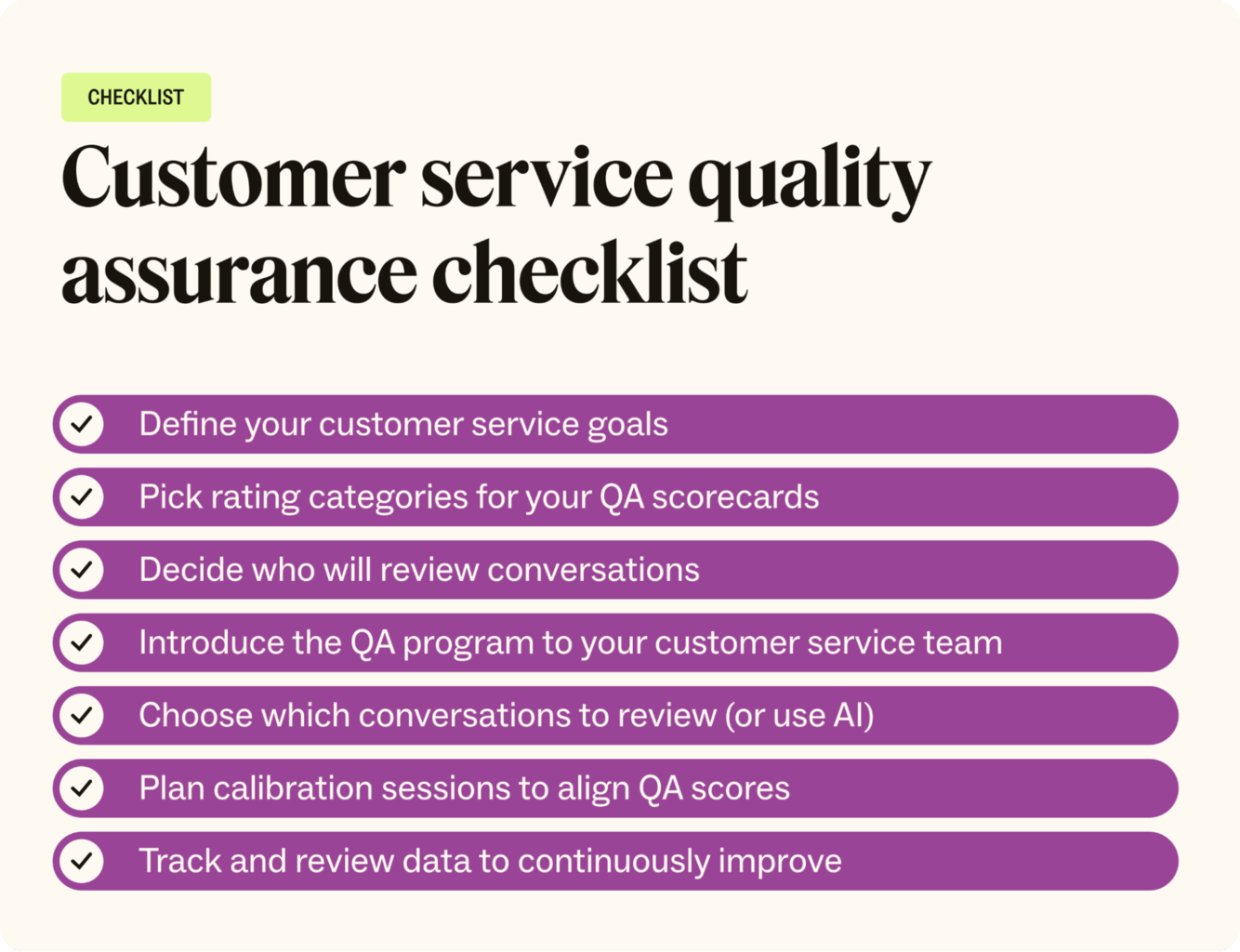 A checklist with seven steps to creating a customer service quality assurance program.