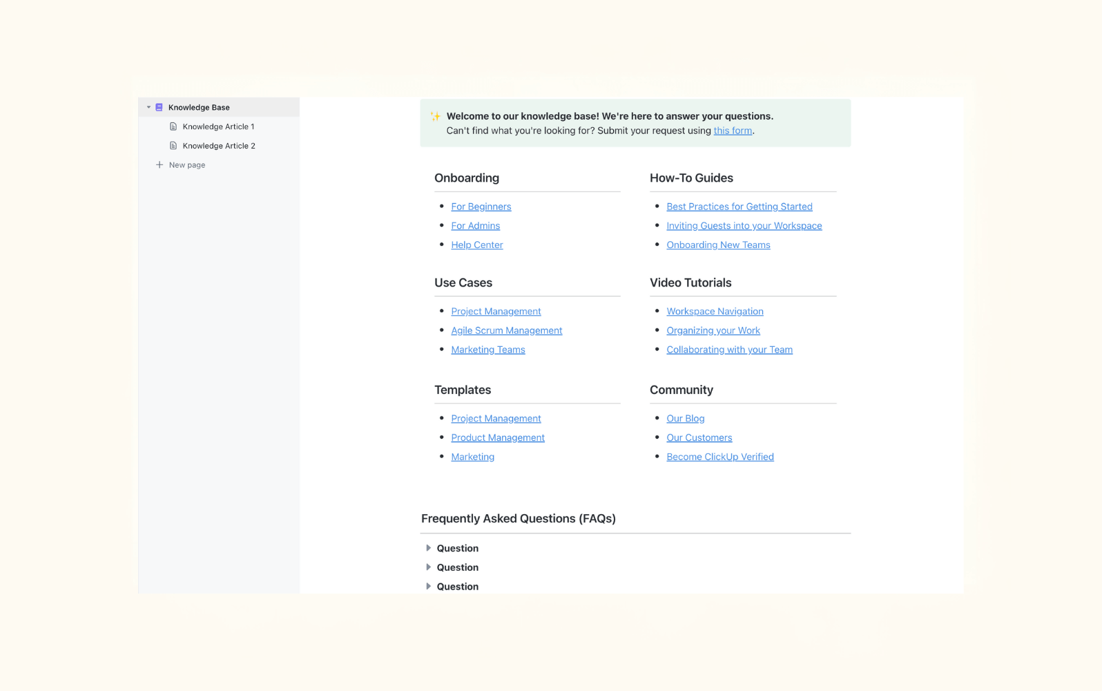 Ein Screenshot der Wissensdatenbank-Software von ClickUp.