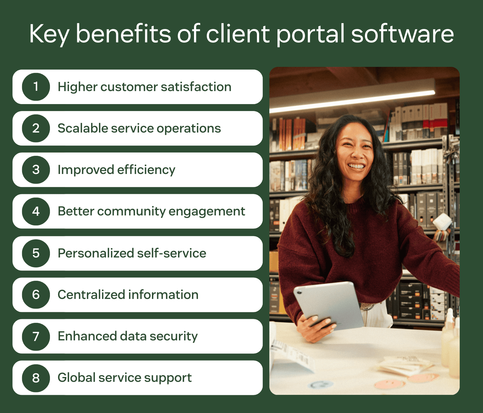 Graphic outlining the top 8 benefits of client portal software: customer satisfaction, service scalability, operational efficiency, community engagement, personalized self-service, information centralization, data security, global support.