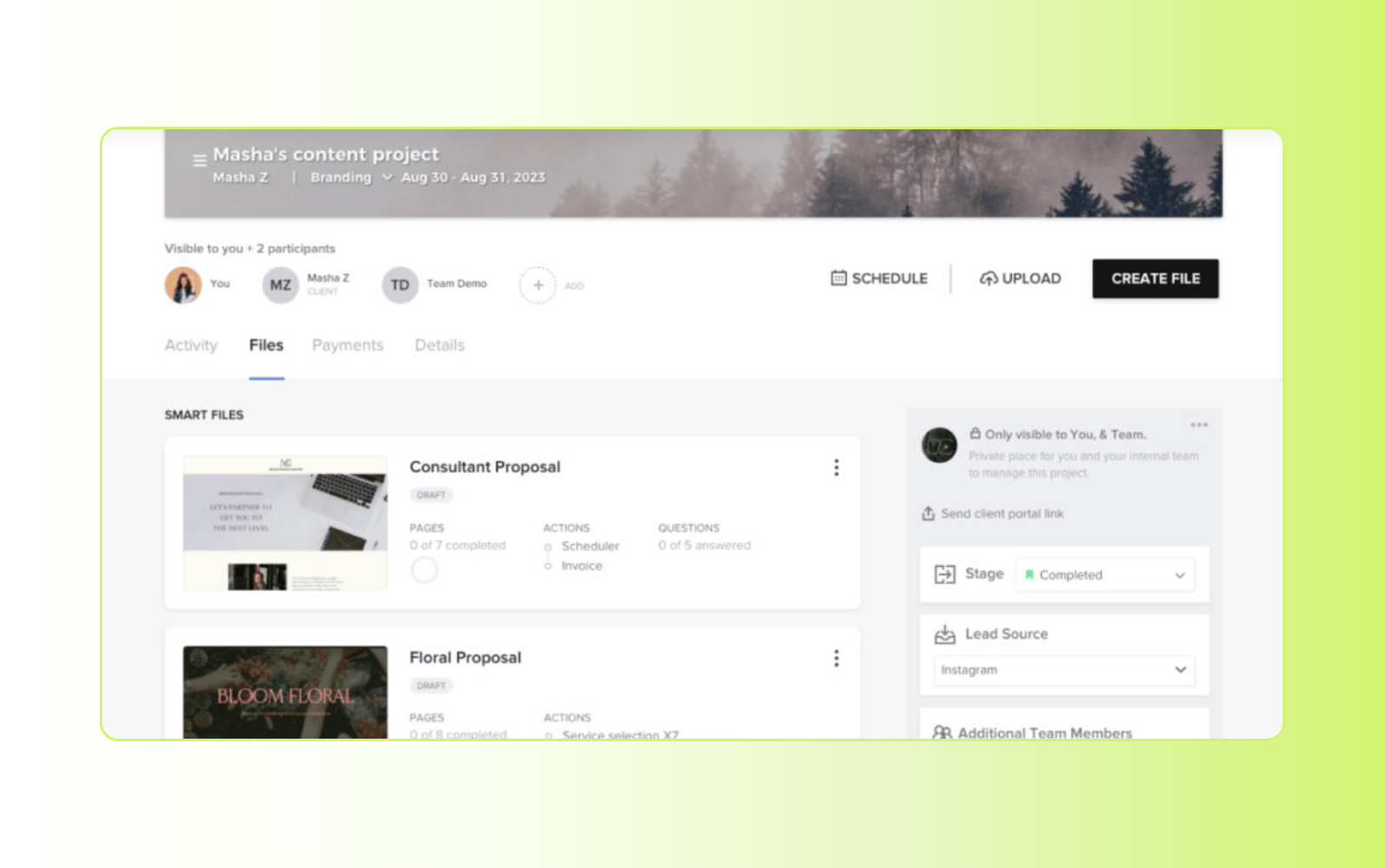 Screenshot of Honeybook client portal software.