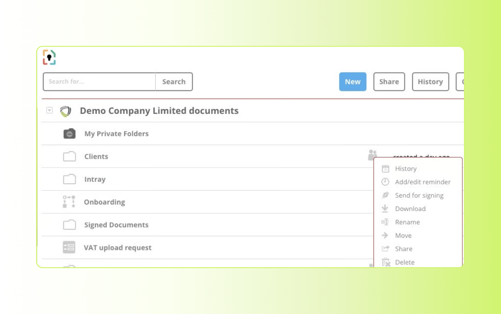 Screenshot of MyDocSafe client portal software.