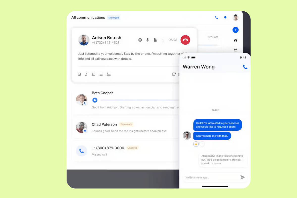 Nextiva's digital workspace shows a communication interface on a light green background.