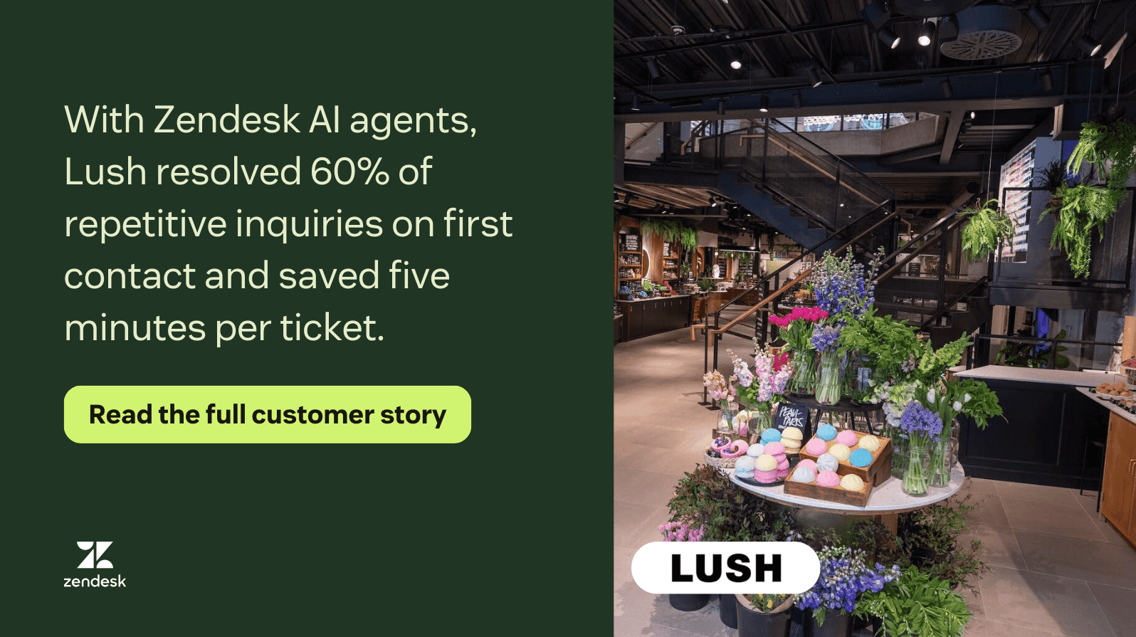 Graphic showing Lush achieved 60% first contact resolution and saved five minutes per ticket with Zendesk AI agents