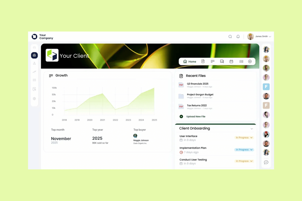Clinked client portal dashboard with growth metrics, recent files, and onboarding tasks.