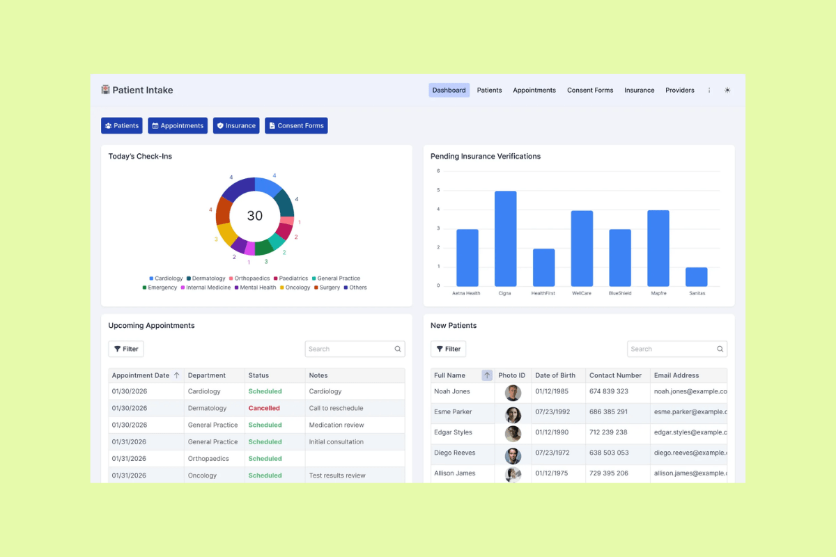 Knack patient intake dashboard with check-ins, insurance verifications, appointments, and new patient records.