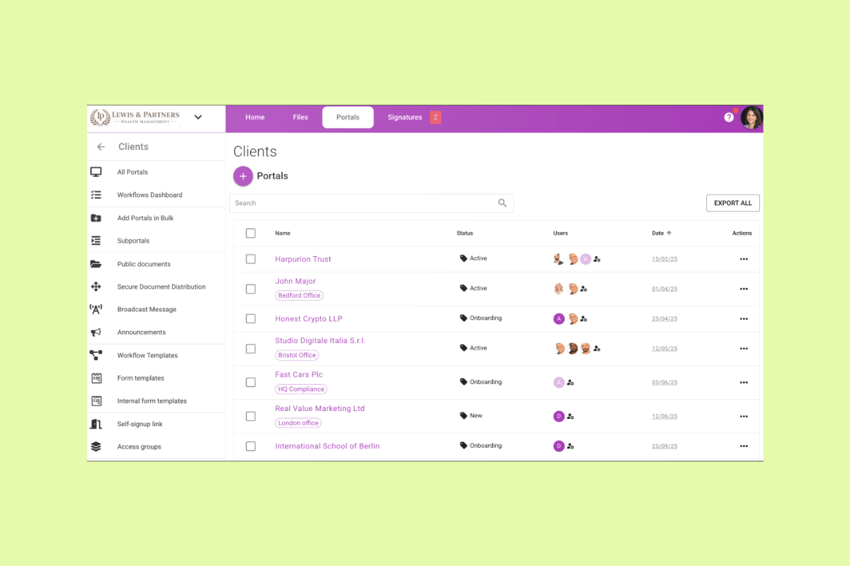 MyDocSafe client portal management screen listing customers, statuses, users, and onboarding stages.
