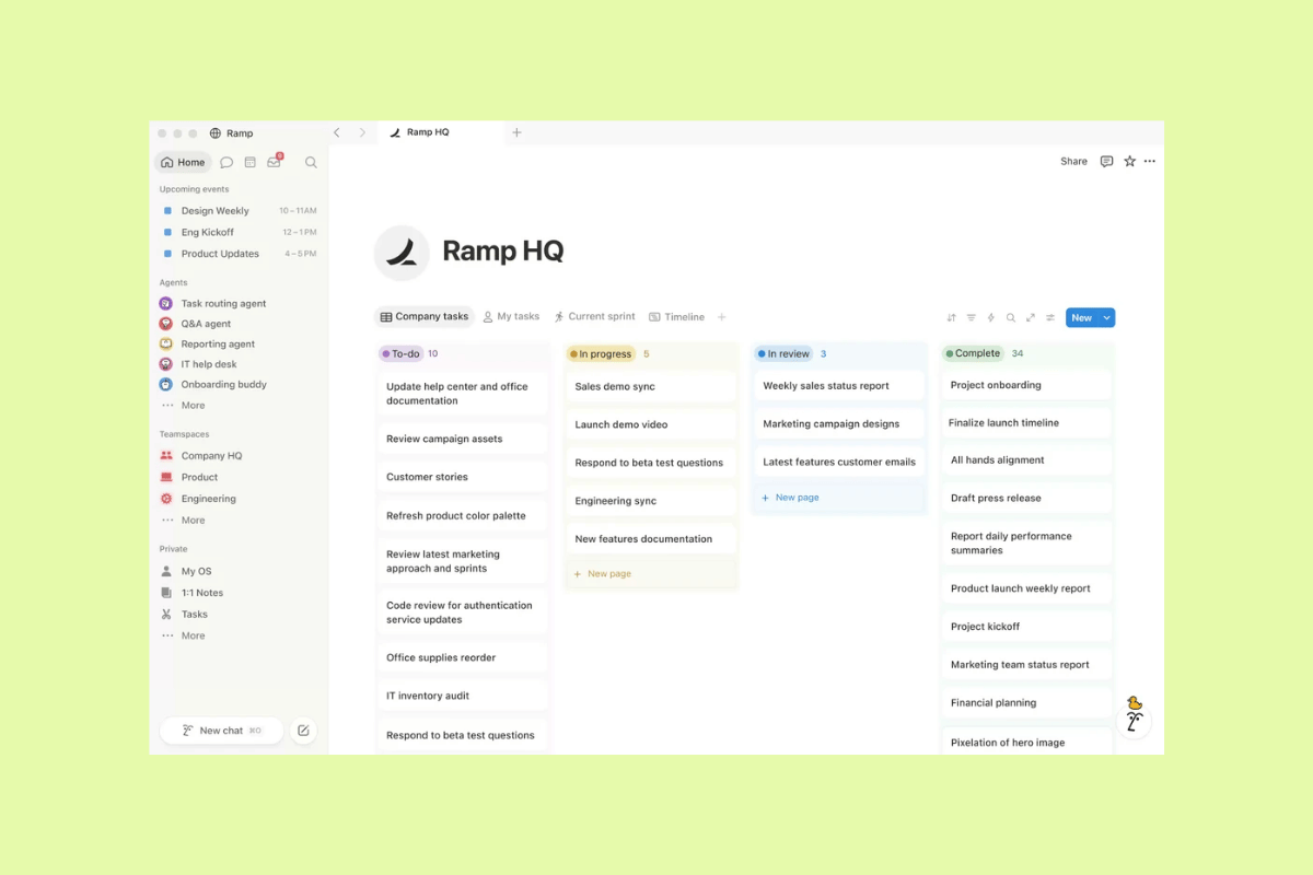 Notion workspace showing a company task board organized by progress stage.