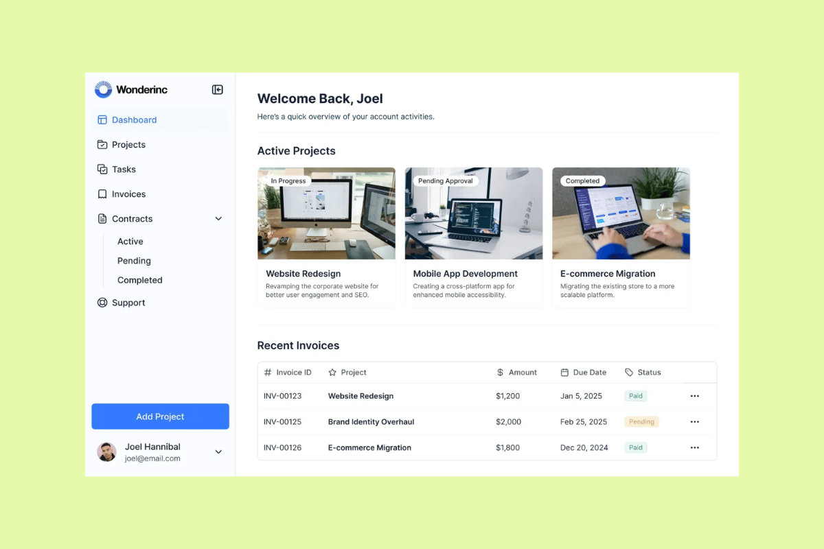 Softr customer portal dashboard with active projects, invoices, contracts, and support navigation.