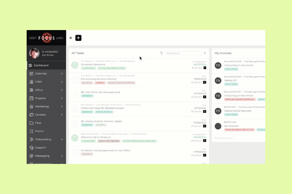 SuiteDash dashboard showing tasks, project statuses, and customer invoices.