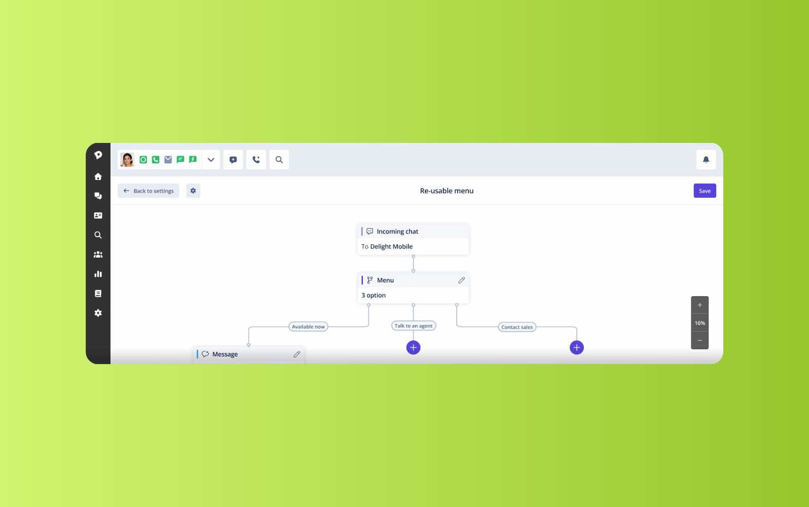 Dixa workflow builder for reusable chat menu automation.