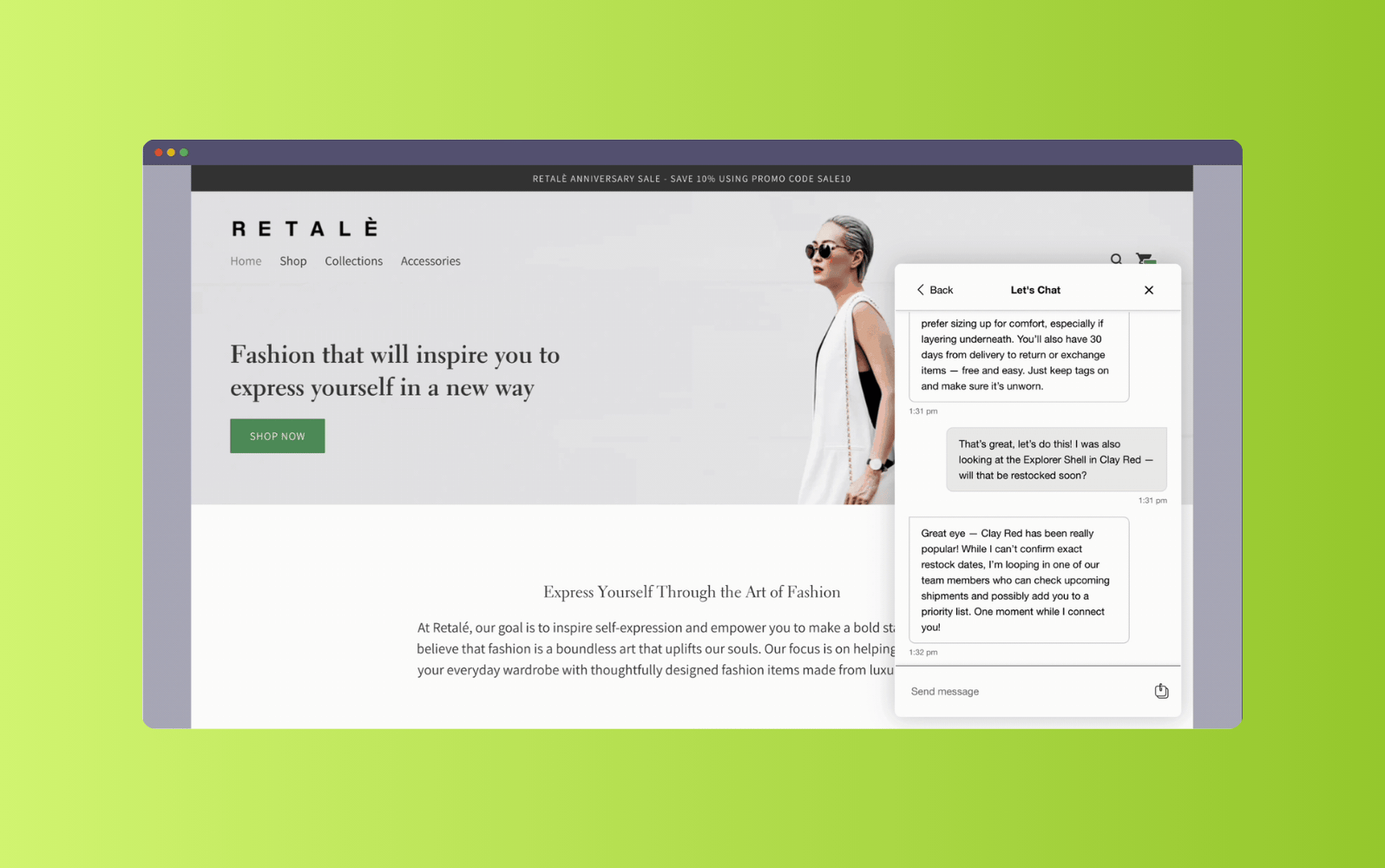 Gladly showing a retail website with AI-powered customer chat widget.
