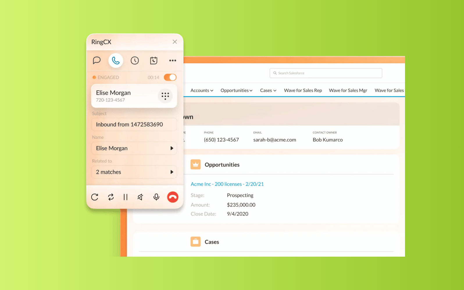 RingCentral contact center agent interface integrated with Salesforce.
