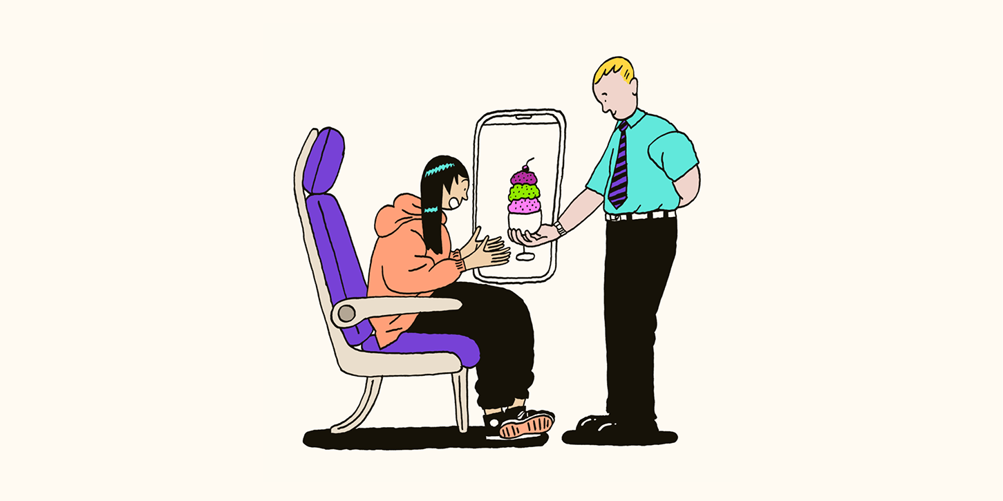 A flight attendant giving a passenger ice cream, showing the importance of customer success managers