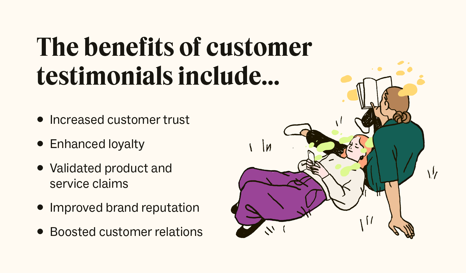 The five benefits of customer testimonials, including enhanced loyalty and trust and validated claims.