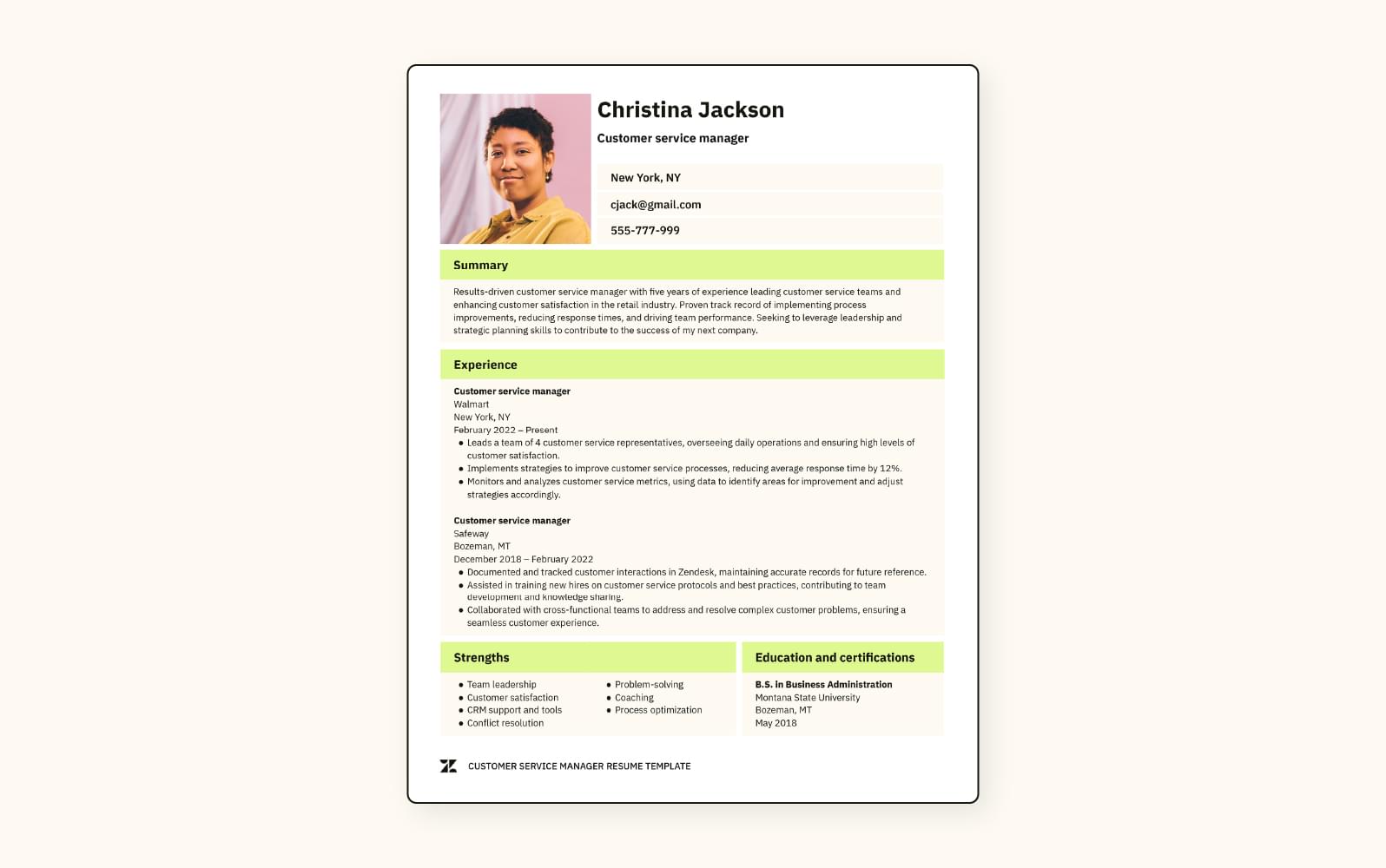 A customer service manager CV example.