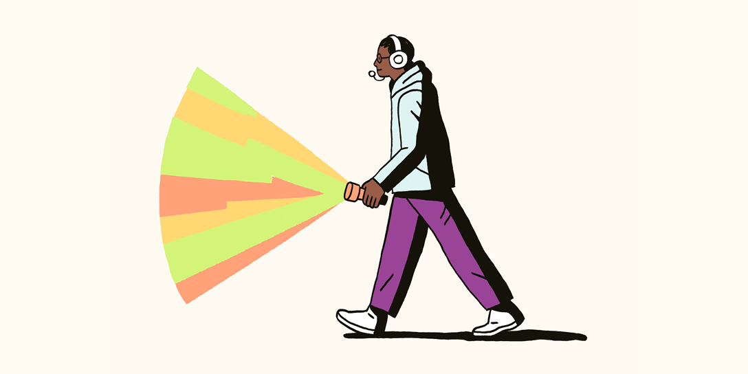 Illustration of man walking with flashlight 