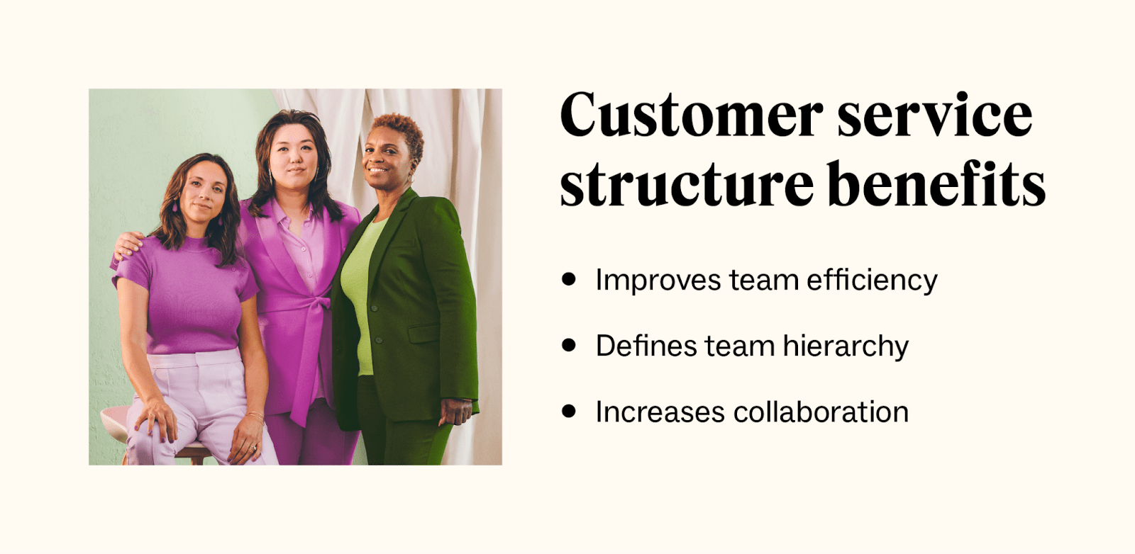 Customer service structures offer the following benefits: improved team efficiency, defined team hierarchies and increased collaboration.