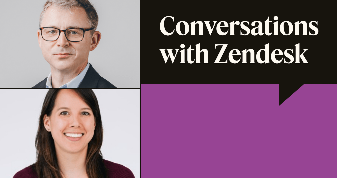 Conversations with Zendesk logo featuring Adrian McDermott and Teresa Haun