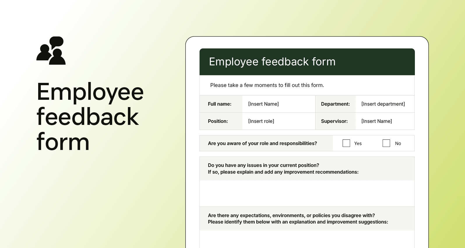 Screenshot of an employee feedback form with sections for responsibilities, role details, and supervisor performance.