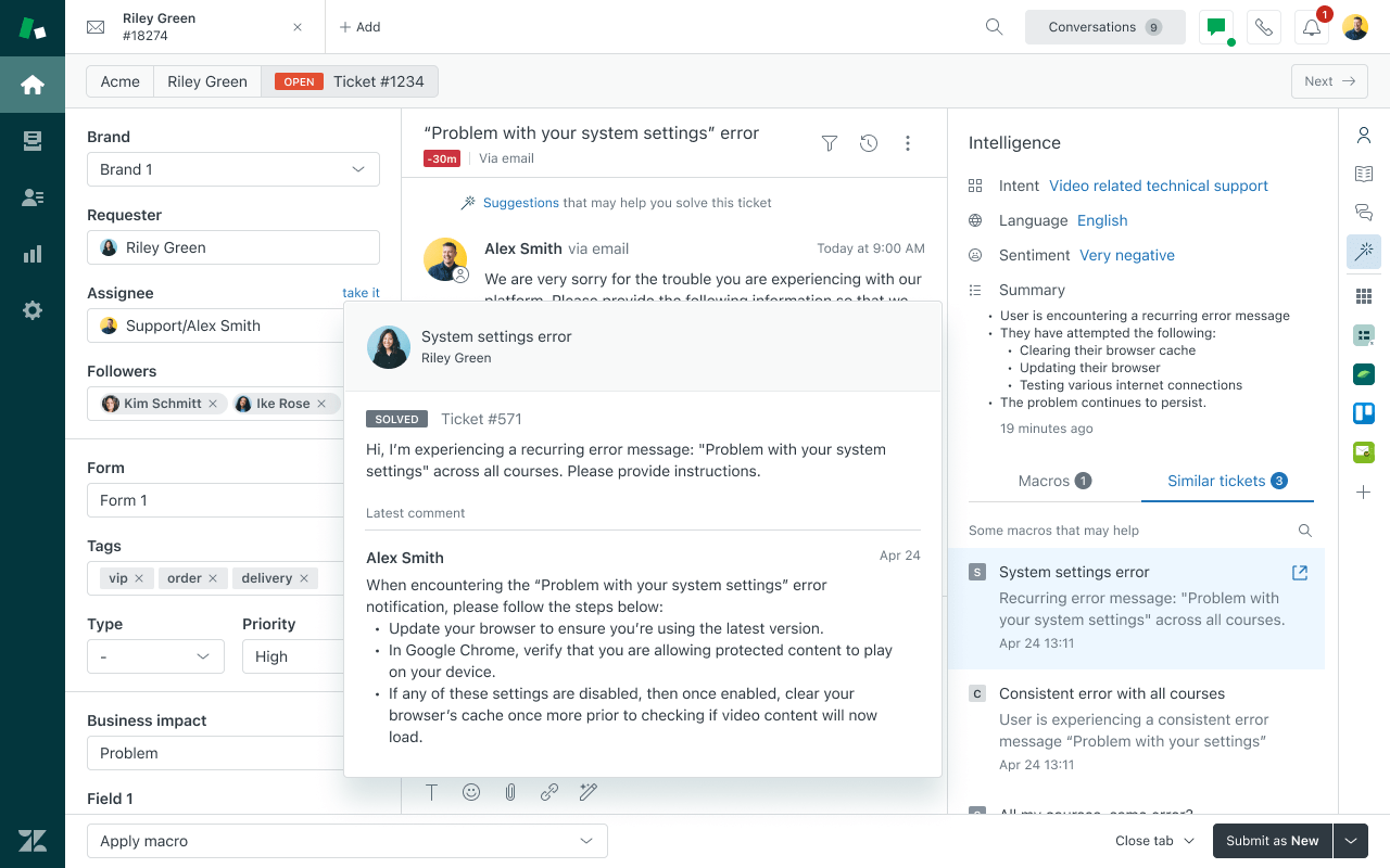 Screenshot of Zendesk interface