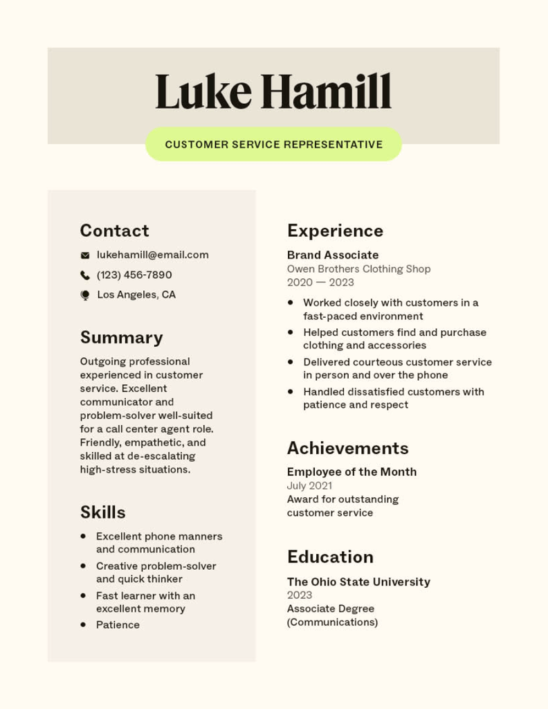 Entry-level call center agent resume template