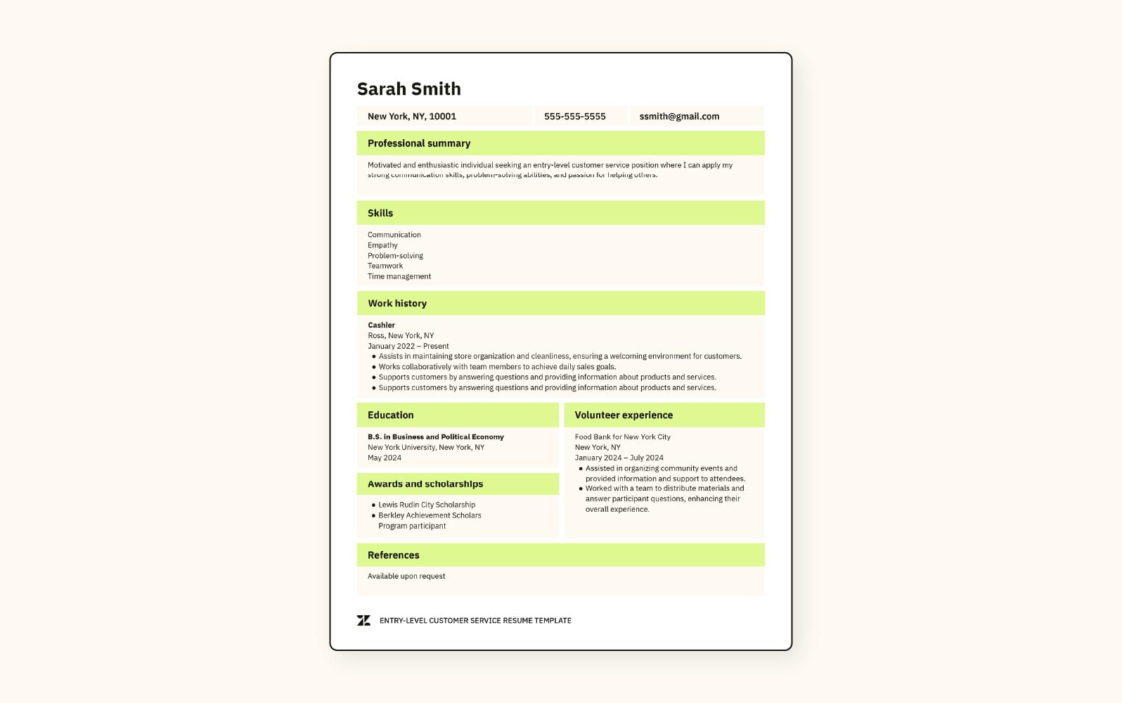 An entry-level customer service CV template.