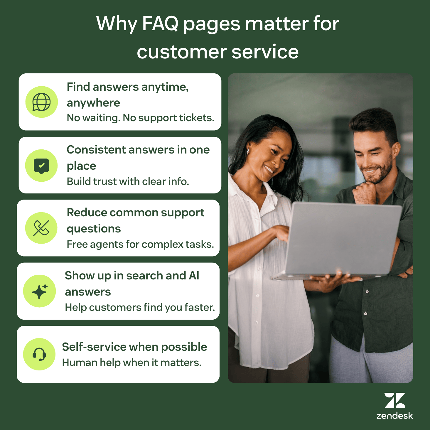 FAQ page infographic showing five benefits for customer service including self-service, efficiency, and search visibility.