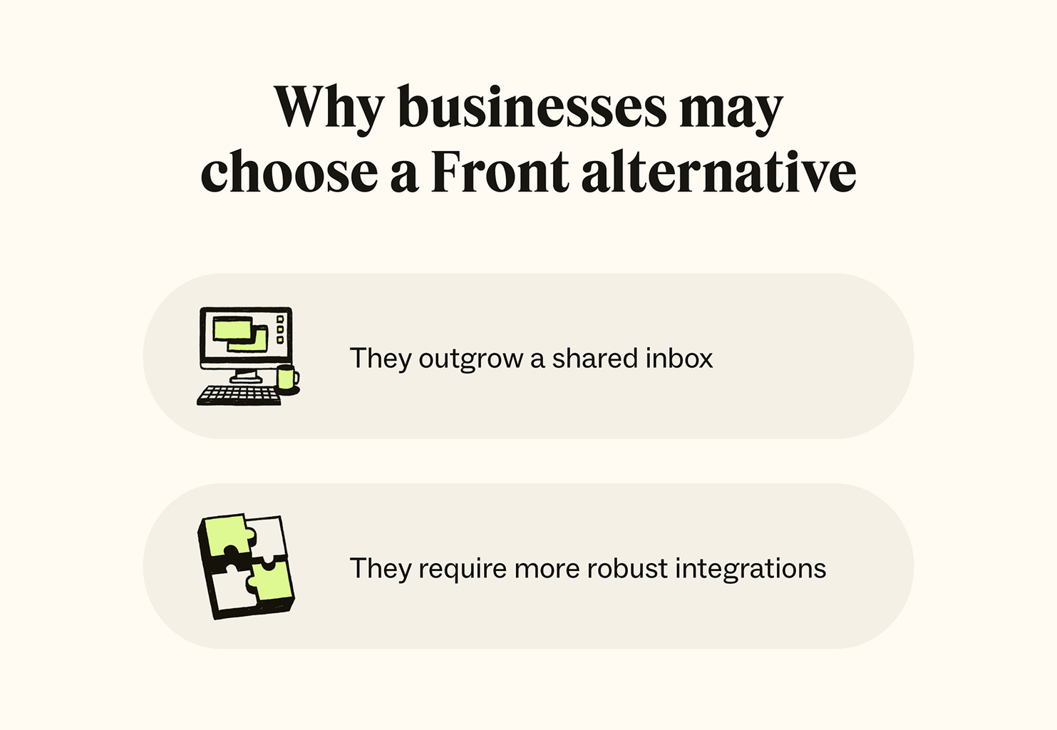 Image displaying reasons why business choose Front alternatives