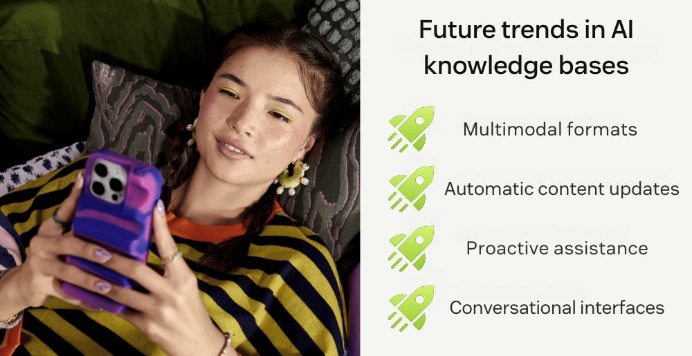 An image of a woman smiling at her cell phone with text showing future trends in AI knowledge bases next to her.
