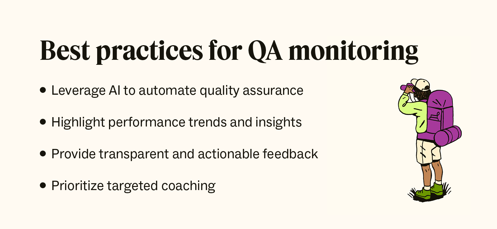 A list of the best practices for quality assurance monitoring is accompanied by a person with binoculars.