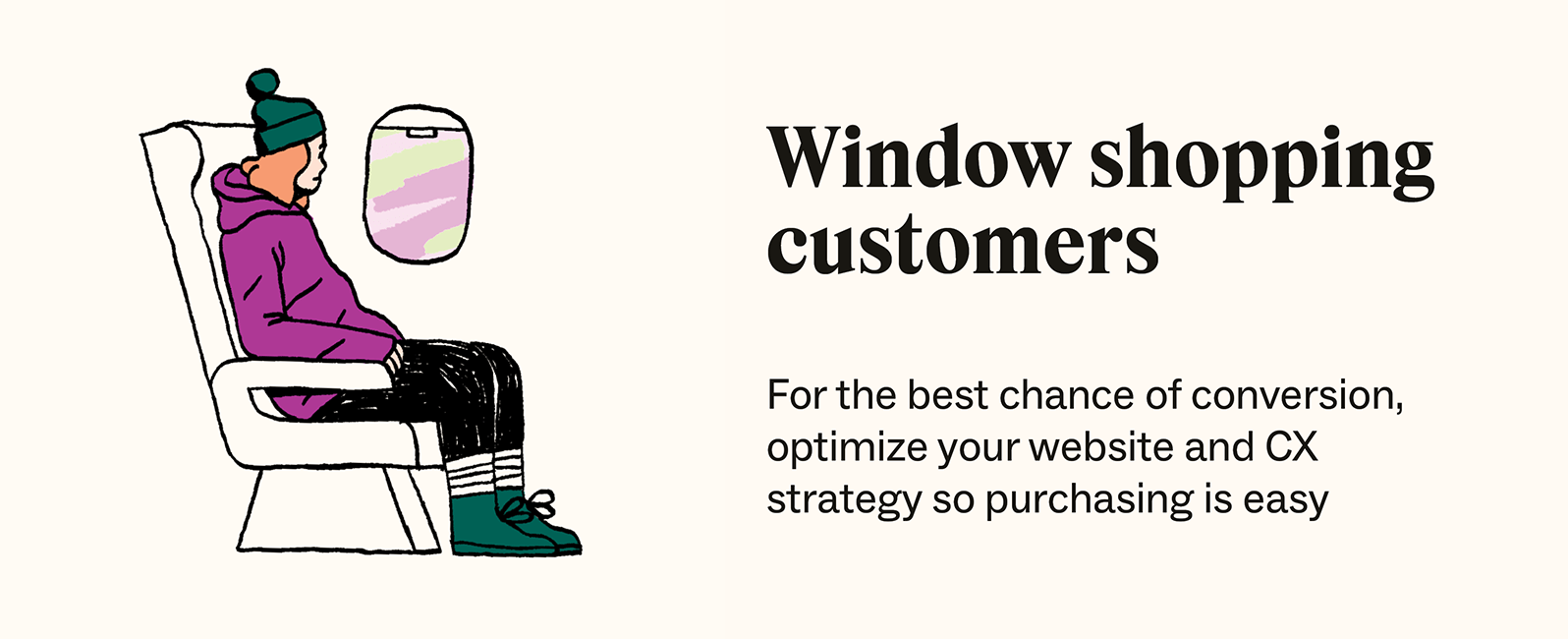 An image of a woman looking out the window on an airplane is accompanied by a description of how to support window shopping customers.