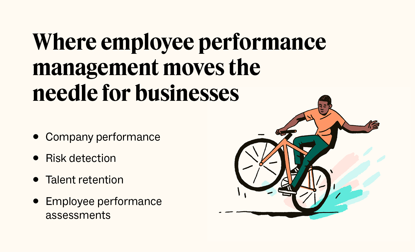 An illustration of an individual on a bike accompanies a list of ways employee performance moves the needle for businesses.