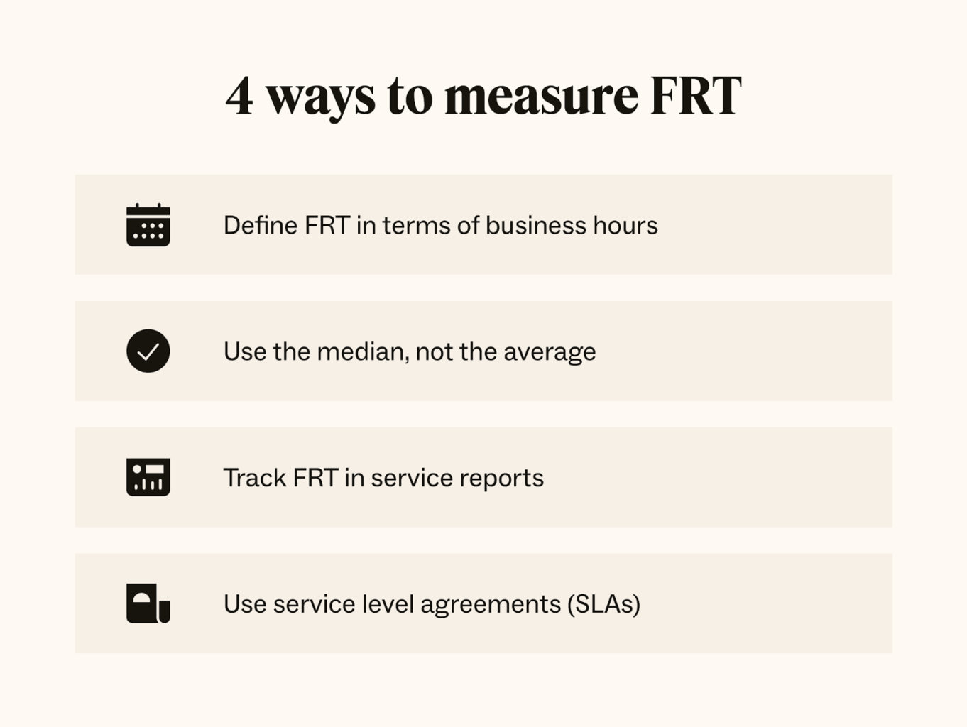 Puedes medir el FRT definiéndolo en términos de horas de trabajo, utilizando la mediana en lugar de la media, rastreando el FRT en informes del servicio y utilizando los SLA.