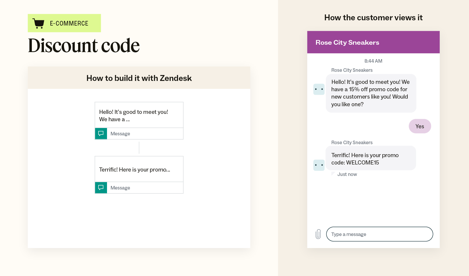 An illustration showcases an example of a discount code chatbot template and an example of how the conversation looks to customers.